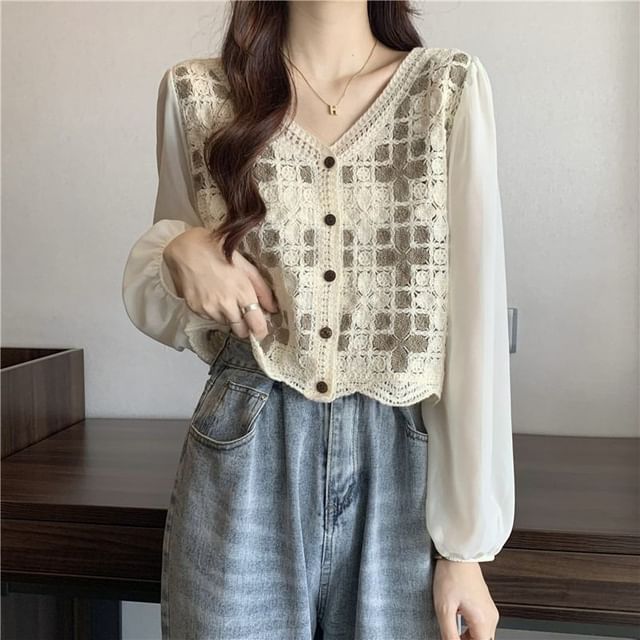 Panel V-Neck Knit Blouse Long-Sleeve Crochet