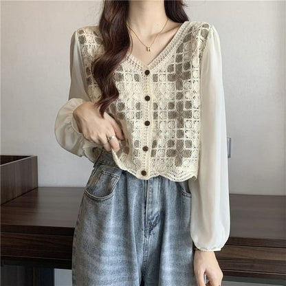 Panel V-Neck Knit Blouse Long-Sleeve Crochet