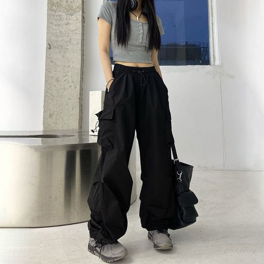 Leg Plain Wide Drawstring Cargo Waist Pants