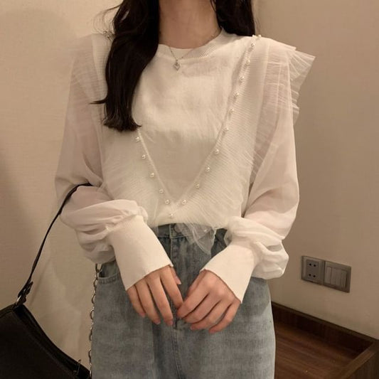 Long-Sleeve Neck Ruffle Crew Top Pearl Plain Trim Faux Knit