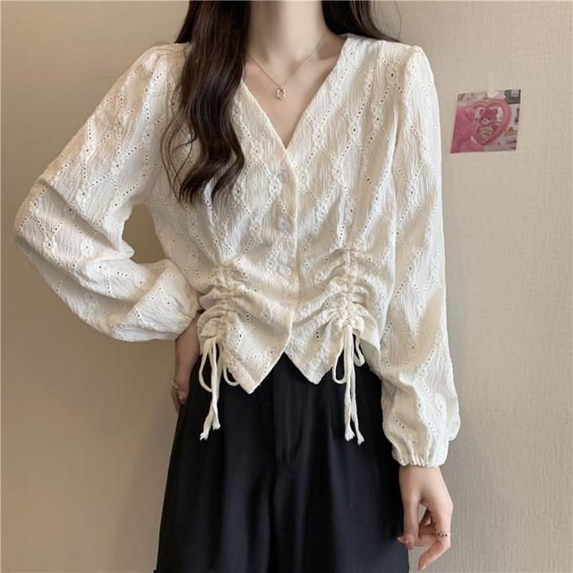 V-Neck Plain Drawstring Eyelet Long-Sleeve Blouse