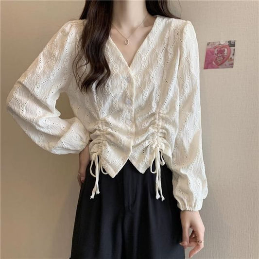 V-Neck Plain Drawstring Eyelet Long-Sleeve Blouse