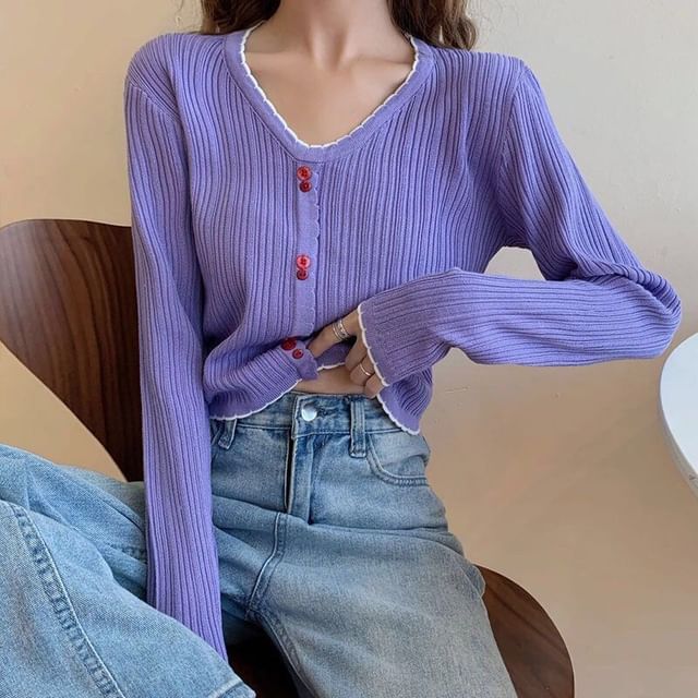 Crop Ribbed Contrast Trim Button Knit Top V-Neck Long-Sleeve