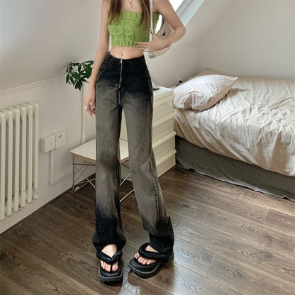 Waist Jeans High Washed Gradient Loose Fit