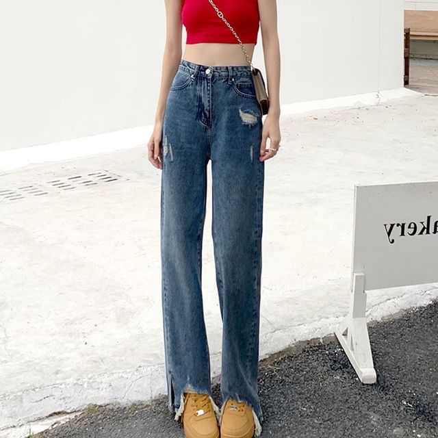 High Jeans Waist Fit Loose Distressed