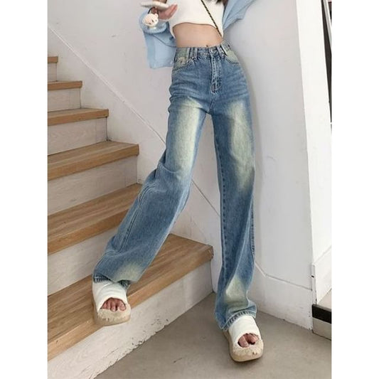 Wide Jeans Leg Waist Washed High