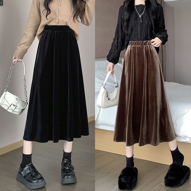 Skirt Waist Midi Velvet Elastic Plain A-Line