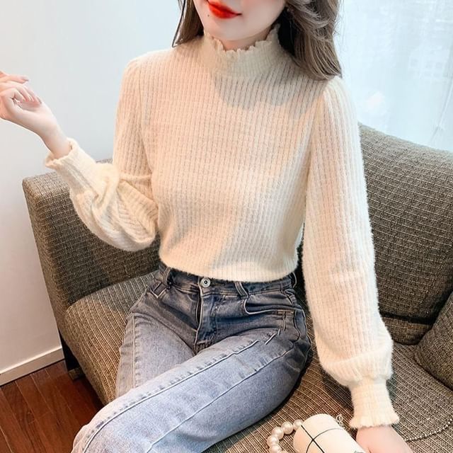 Mock Neck Long-Sleeve Plain Top Lace