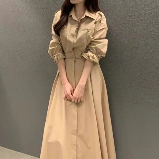 Long-Sleeve Collared A-Line Maxi Dress