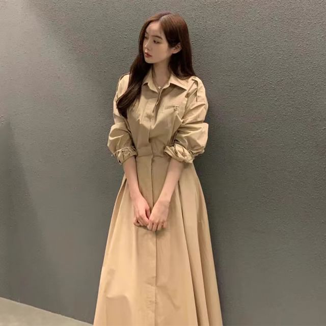 Long-Sleeve Collared A-Line Maxi Dress