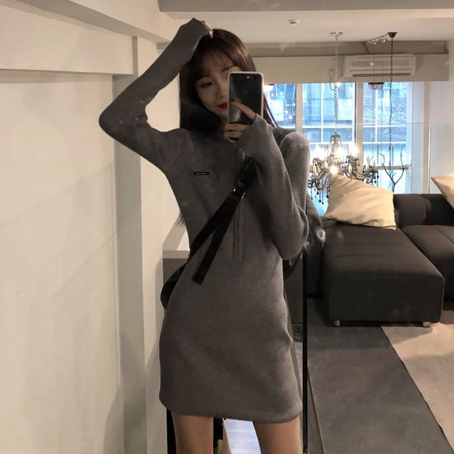 Long-Sleeve Crewneck Plain Mini Bodycon Dress