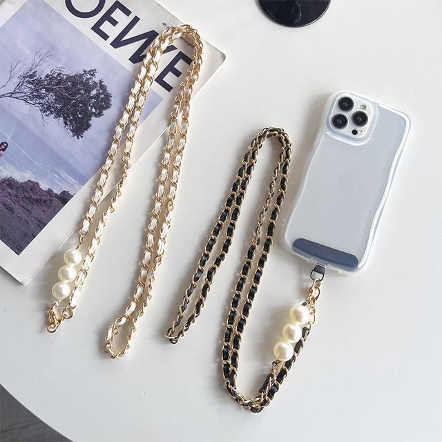 Faux Pearl Faux Leather Alloy Phone Lanyard