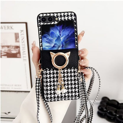Phone Houndstooth Pearl Lanyard Case Faux Cat