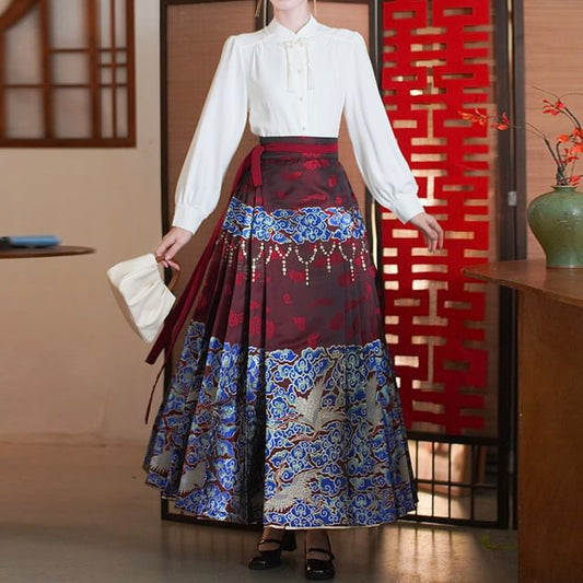 Band Collar Plain Blouse / Mid Rise Hanfu Patterned Maxi A-Line Skirt