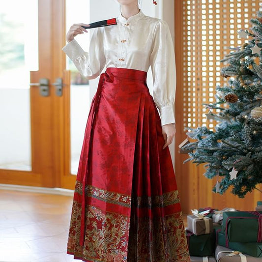 Band Collar Plain Blouse / Scarf / Mid Rise Hanfu Patterned Maxi A-Line Skirt