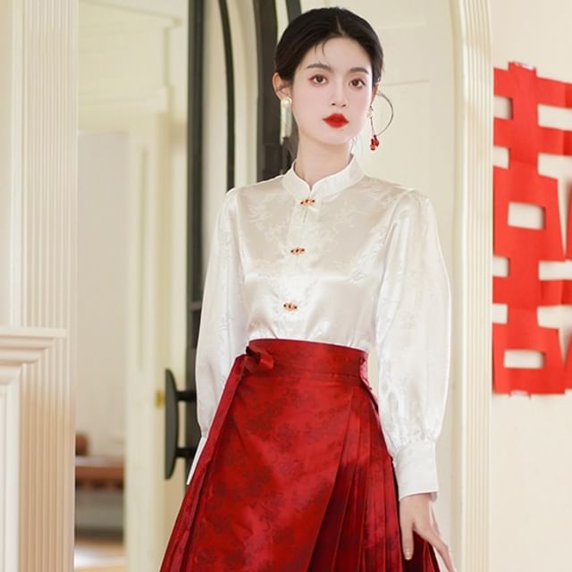 Band Collar Plain Blouse / Scarf / Mid Rise Hanfu Patterned Maxi A-Line Skirt