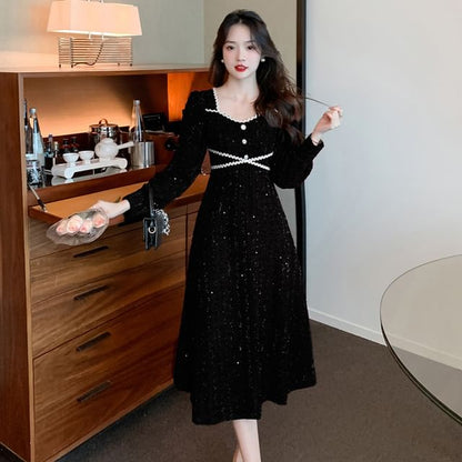 Long-Sleeve Square Neck Glitter Midi A-Line Dress