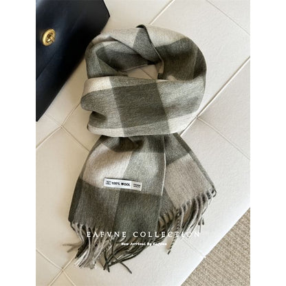 Applique Lettering Wool Scarf Plaid Fringed