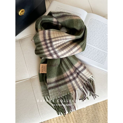 Applique Lettering Wool Scarf Plaid Fringed