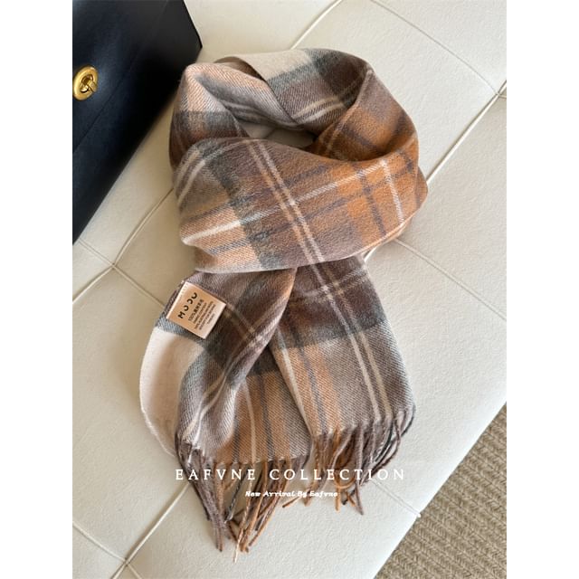 Applique Lettering Wool Scarf Plaid Fringed