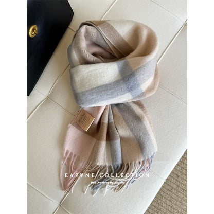 Applique Lettering Wool Scarf Plaid Fringed