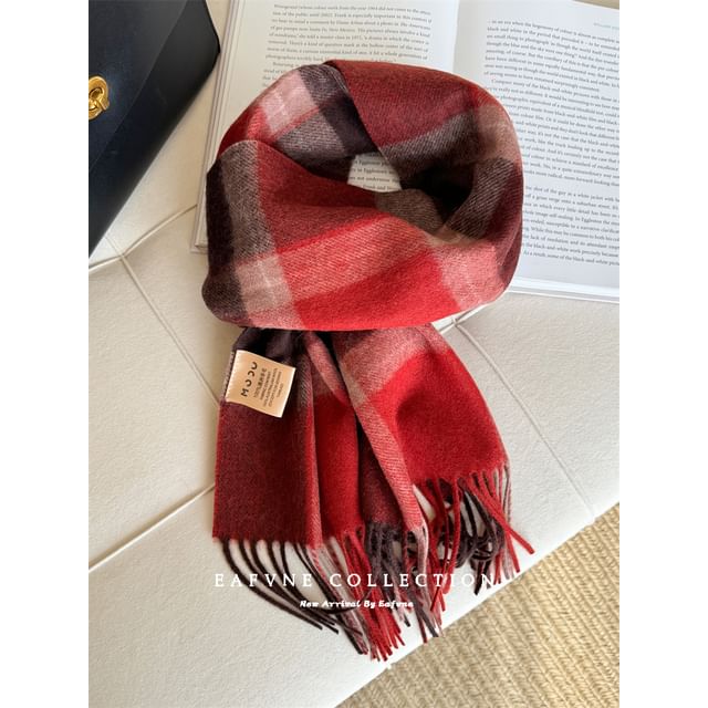 Applique Lettering Wool Scarf Plaid Fringed