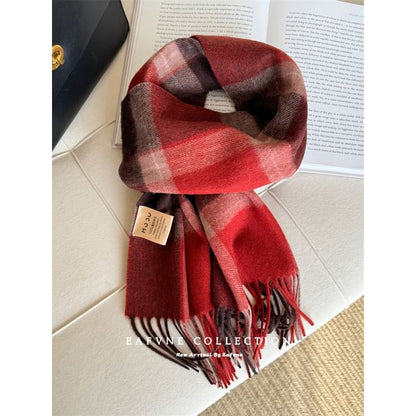Applique Lettering Wool Scarf Plaid Fringed