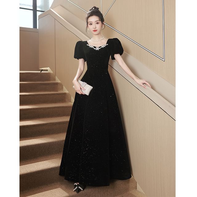 Puff-Sleeve Rhinestone Glitter Bow Back A-Line Velvet Evening Gown (Various Designs)