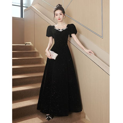 Puff-Sleeve Rhinestone Glitter Bow Back A-Line Velvet Evening Gown (Various Designs)
