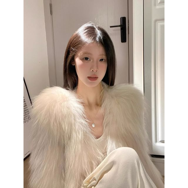 V-Neck Plain Faux Fur Jacket