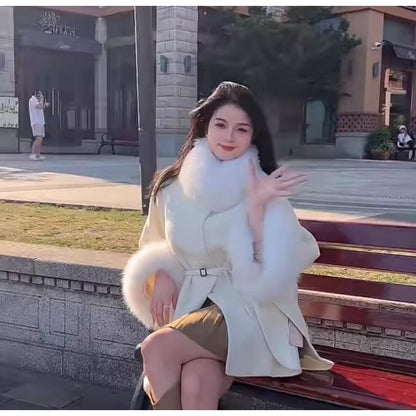 Collared Plain Panel Faux Fur Belted Coat