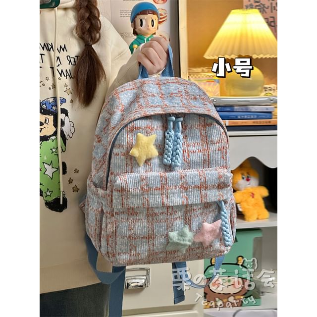 Plaid Multi-Pocket Backpack / Bag Charm / Set