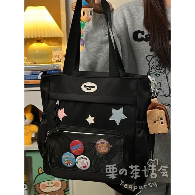 Star Applique Mesh Panel Multi-Pocket Tote Bag / Coin Purse / Bag Charm / Set