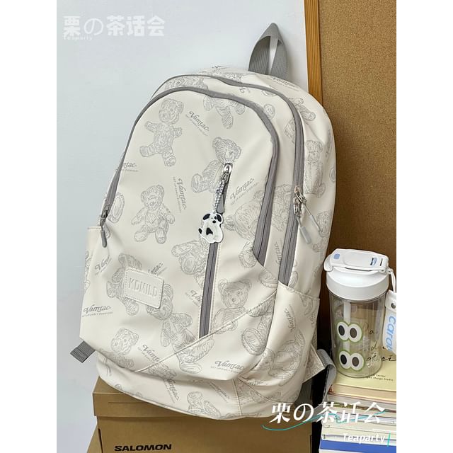 Bear Print Multi-Pocket Backpack / Bag Charm / Set