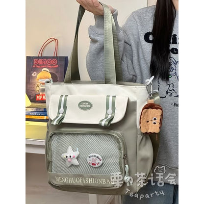 Lettering Mesh Panel Multi-Pocket Backpack / Tote Bag / Bag Charm / Coin Purse / Set