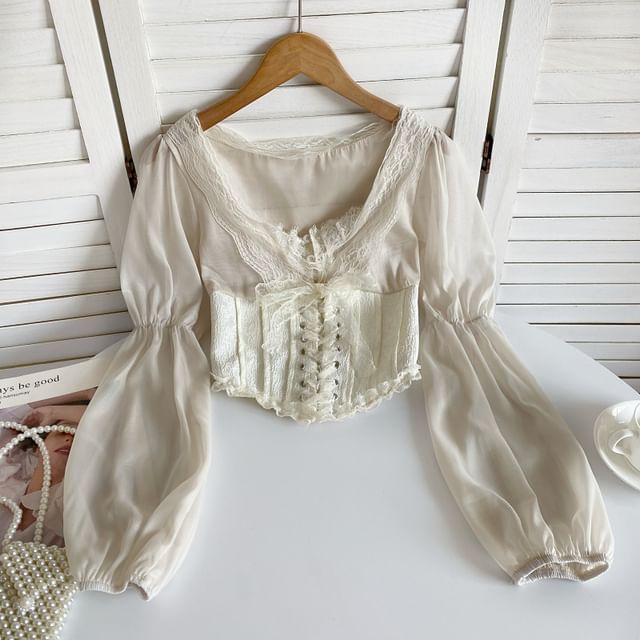 Cinched Sleeve Square Neck Plain Lace Up Panel Lace Blouse