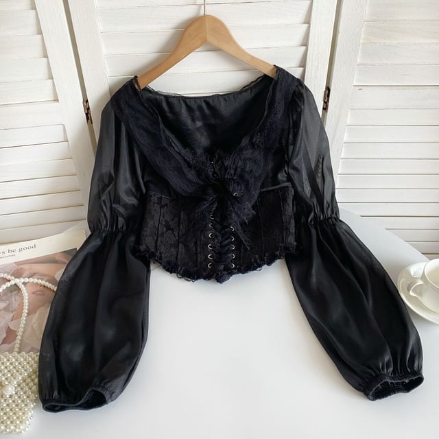 Cinched Sleeve Square Neck Plain Lace Up Panel Lace Blouse