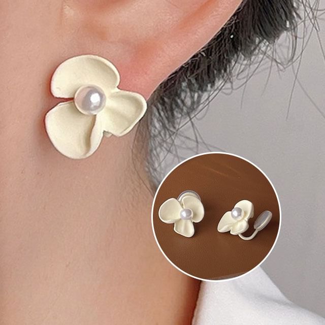 Pearl Earring Clip-On Faux Floral