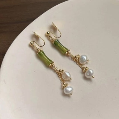 Bamboo Faux Pearl Clip-On Earring Drop