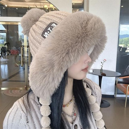 Lettering Applique Faux Fur Knit Trapper Hat