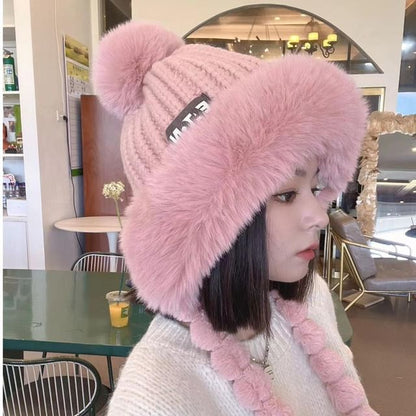 Lettering Applique Faux Fur Knit Trapper Hat