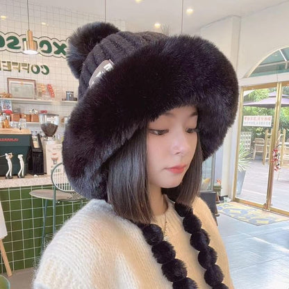 Lettering Applique Faux Fur Knit Trapper Hat