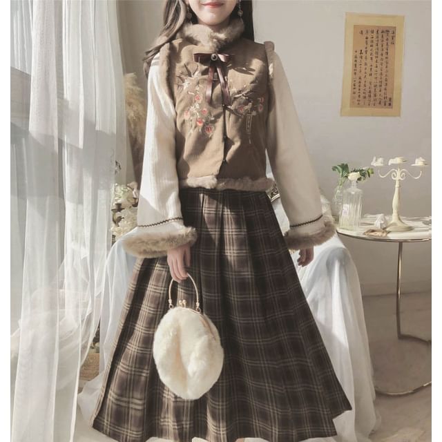 Set: Collared Fluffy Embroidered Mock Two Piece Button Jacket + Mid Rise Plaid Midi A-Line Skirt