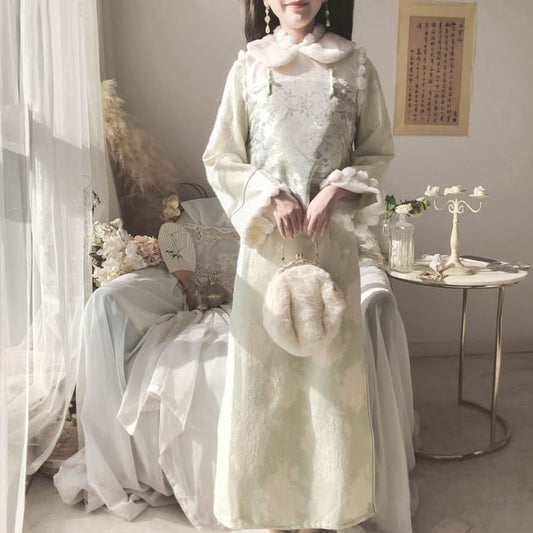 Long-Sleeve Collared Floral Midi Qipao / Embroidered Vest / Set