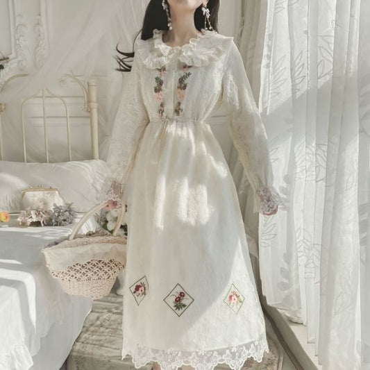 Long-Sleeve Collared Flower Embroidered Lace Trim Midi A-Line Dress