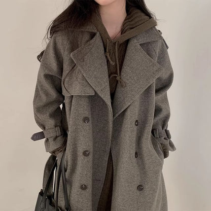 Plain Tie Waist Midi Double-Breasted Coat