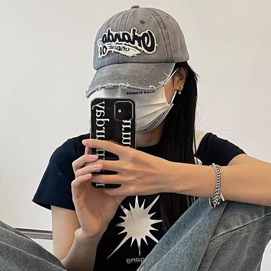 Distressed Lettering Cap Applique Baseball