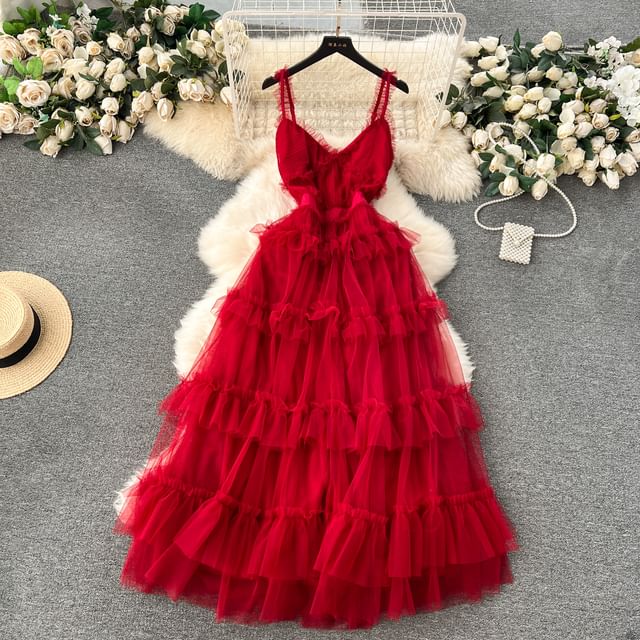 Spaghetti Strap V-Neck Frill Trim Tiered Open Back Mesh A-Line Gown