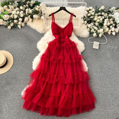 Spaghetti Strap V-Neck Frill Trim Tiered Open Back Mesh A-Line Gown