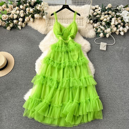 Spaghetti Strap V-Neck Frill Trim Tiered Open Back Mesh A-Line Gown